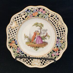 Helena Wolfsohn Reticulated Plate 8.5" Watteau Couple Scene Dresden Germany 6